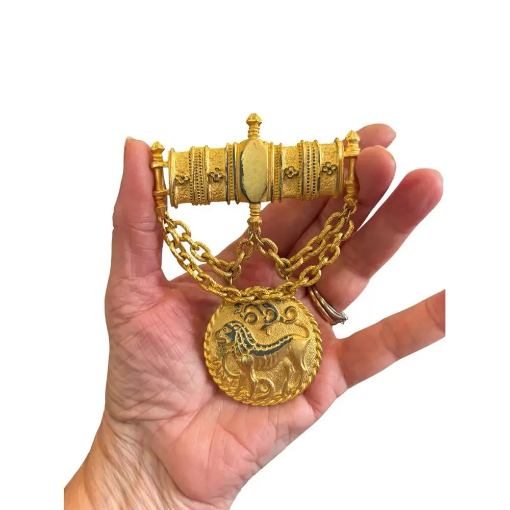 Les Bernard Gold Ram Medallion Brooch Massive Chain Runway Statement Pin
